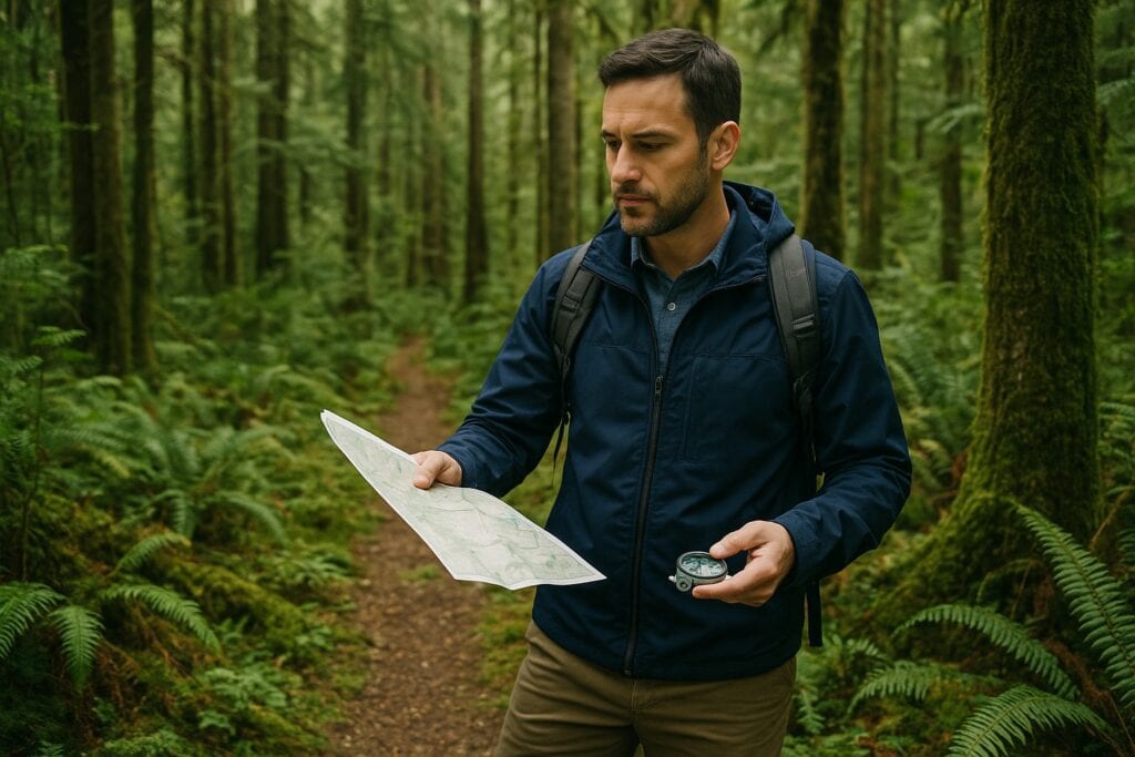 Land broker exploring a forest in Washington State with a map and compass.