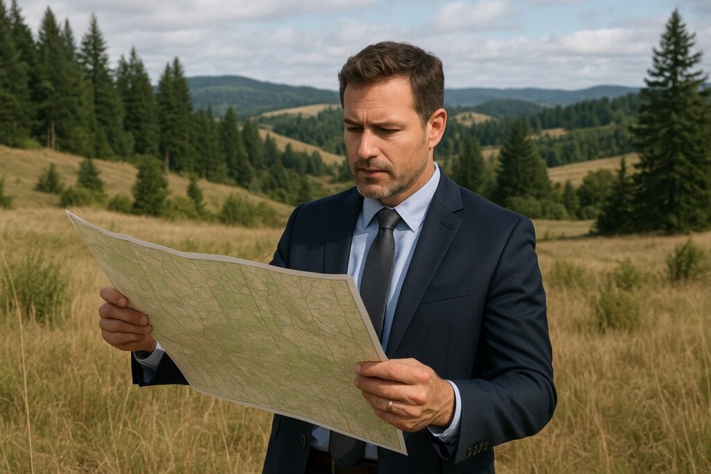 Land broker in rural Washington examining a map with hills and evergreens.