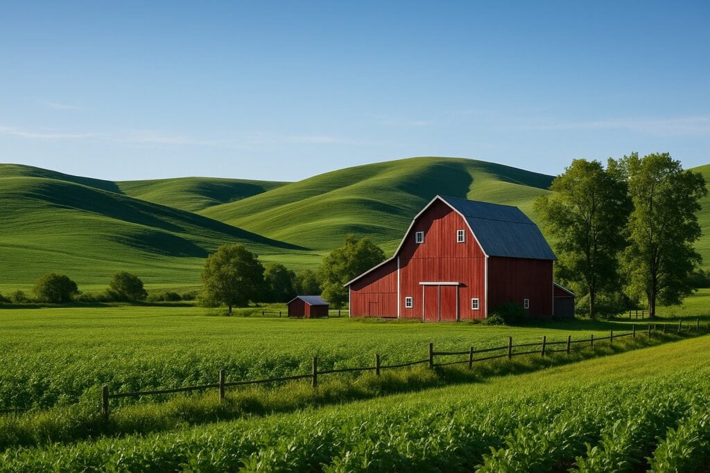 A Washington State farm with rolling hills and a red barn.