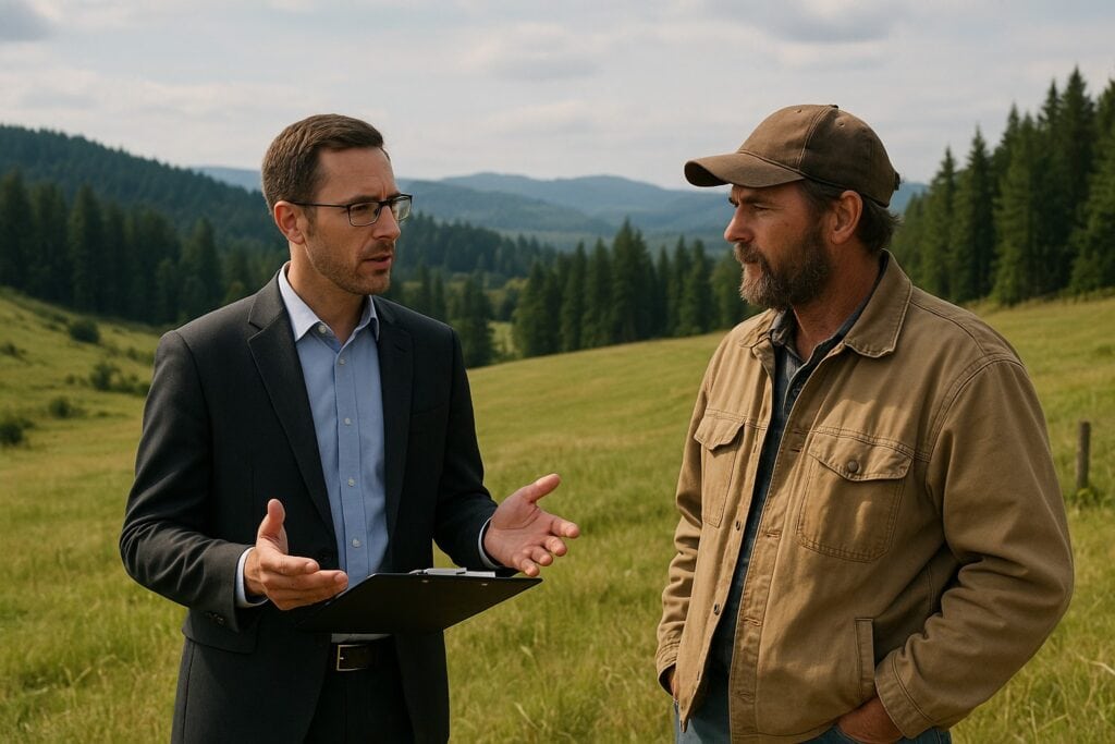 Land broker consulting with a farmer in Washington State landscape.