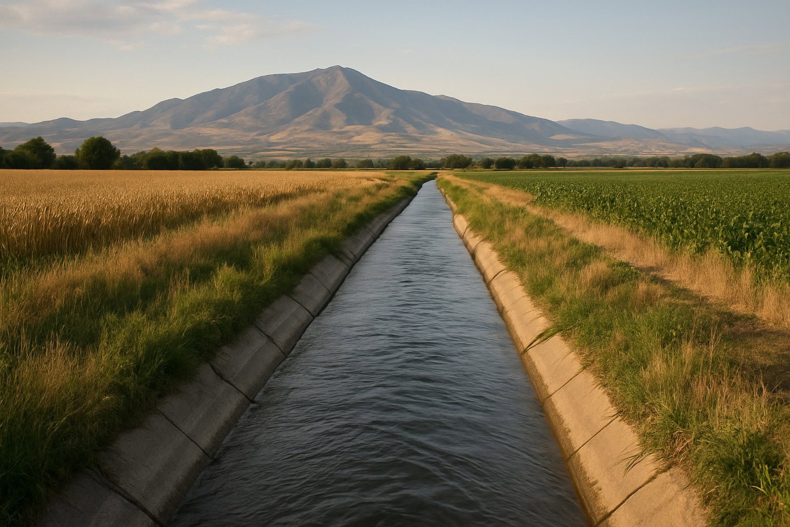 Irrigation canal in Yakima Valley farmland with mountains.