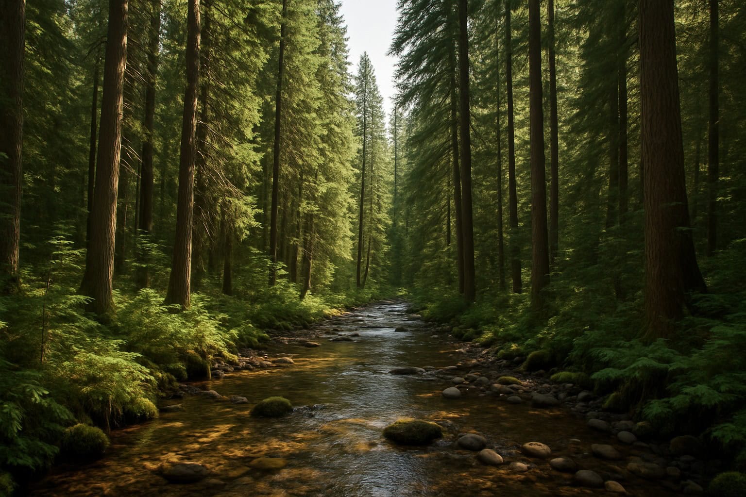 Washington State timberland with evergreen trees and a creek.