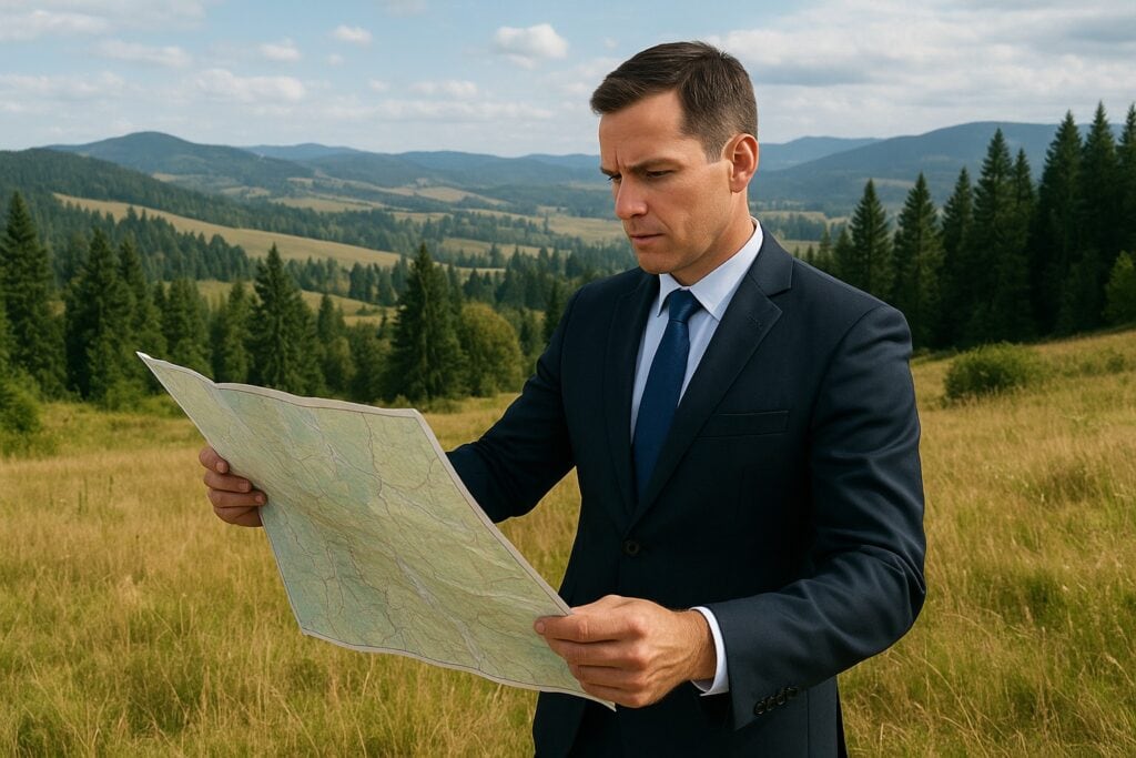 Land broker in Washington State landscape with map.