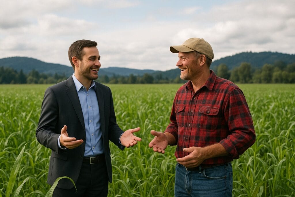 Land broker and farmer in Washington State field discussing land.