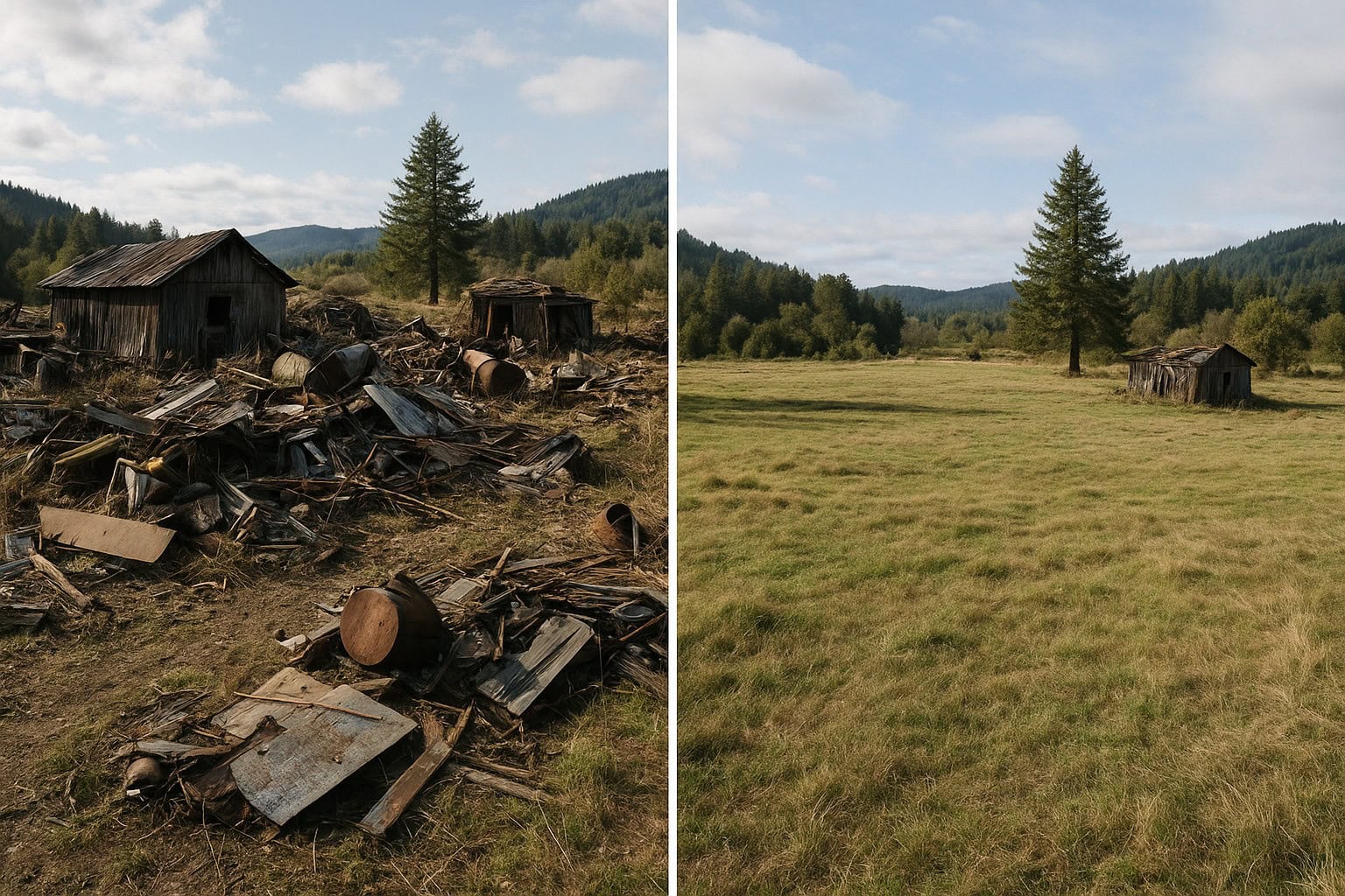 Before and after image of a rural property cleanup in Washington State.