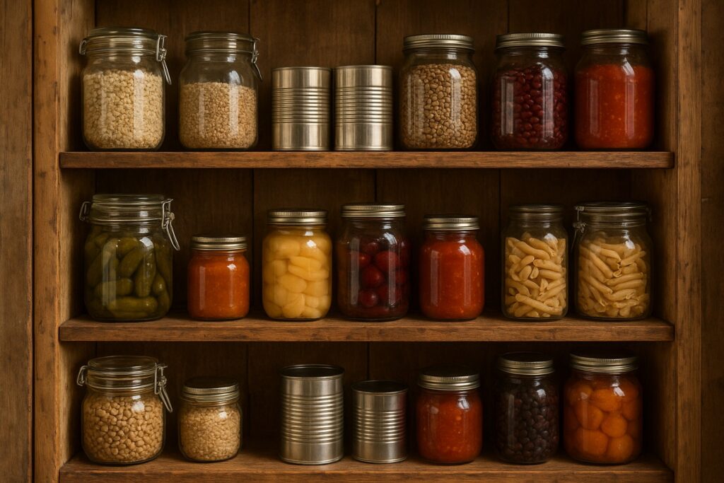 Pantry with canned goods and preserved foods in a rustic kitchen.