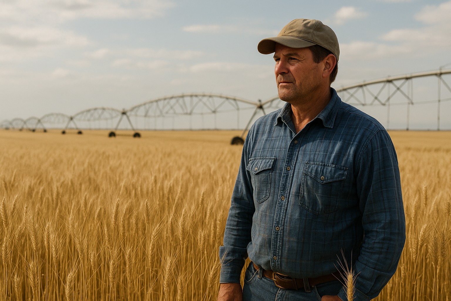Farmer in Columbia Basin with wheat field and irrigation systems.