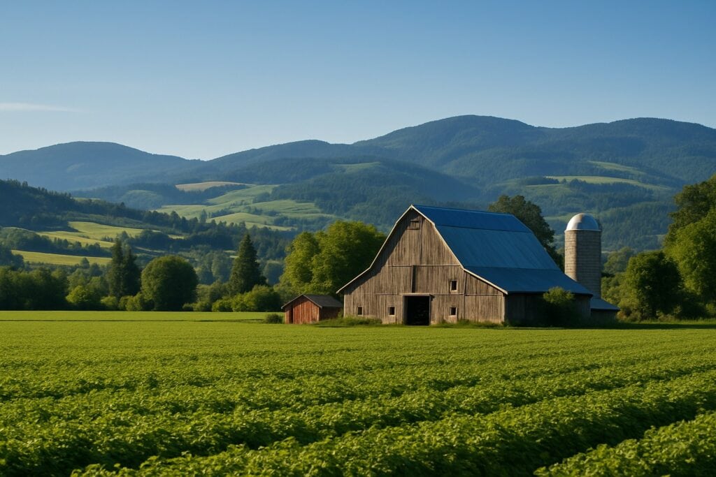 A Washington State farm with green fields and a barn.