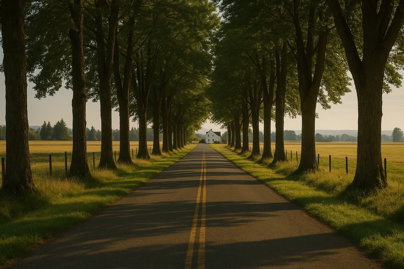A rural road in Washington State leading to a farmhouse.