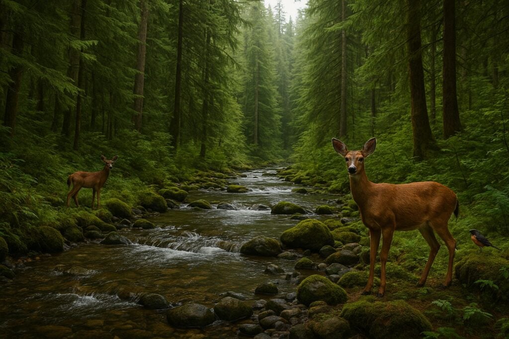 Creek in Washington forest with wildlife
