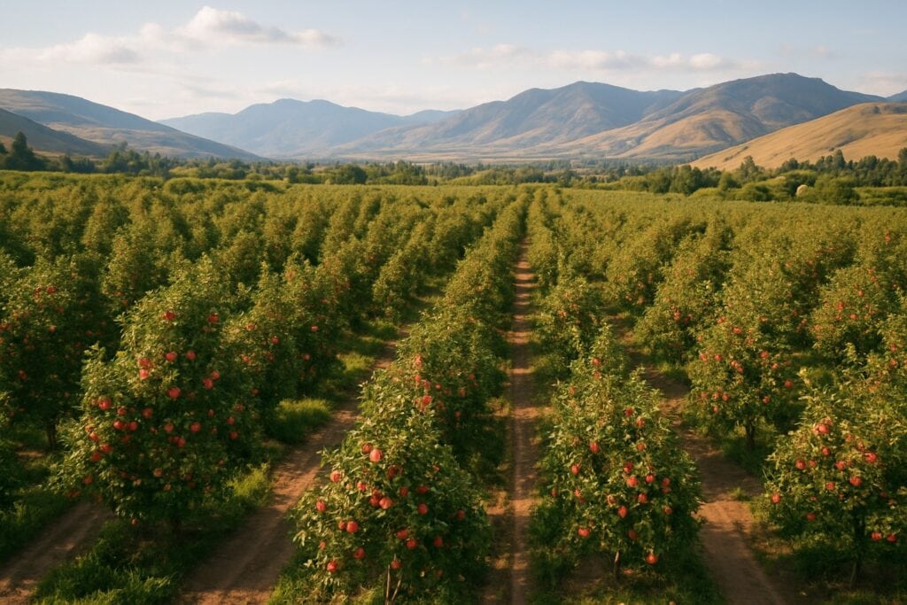Aerial view of apple orchard in Washington with mountains in the background.