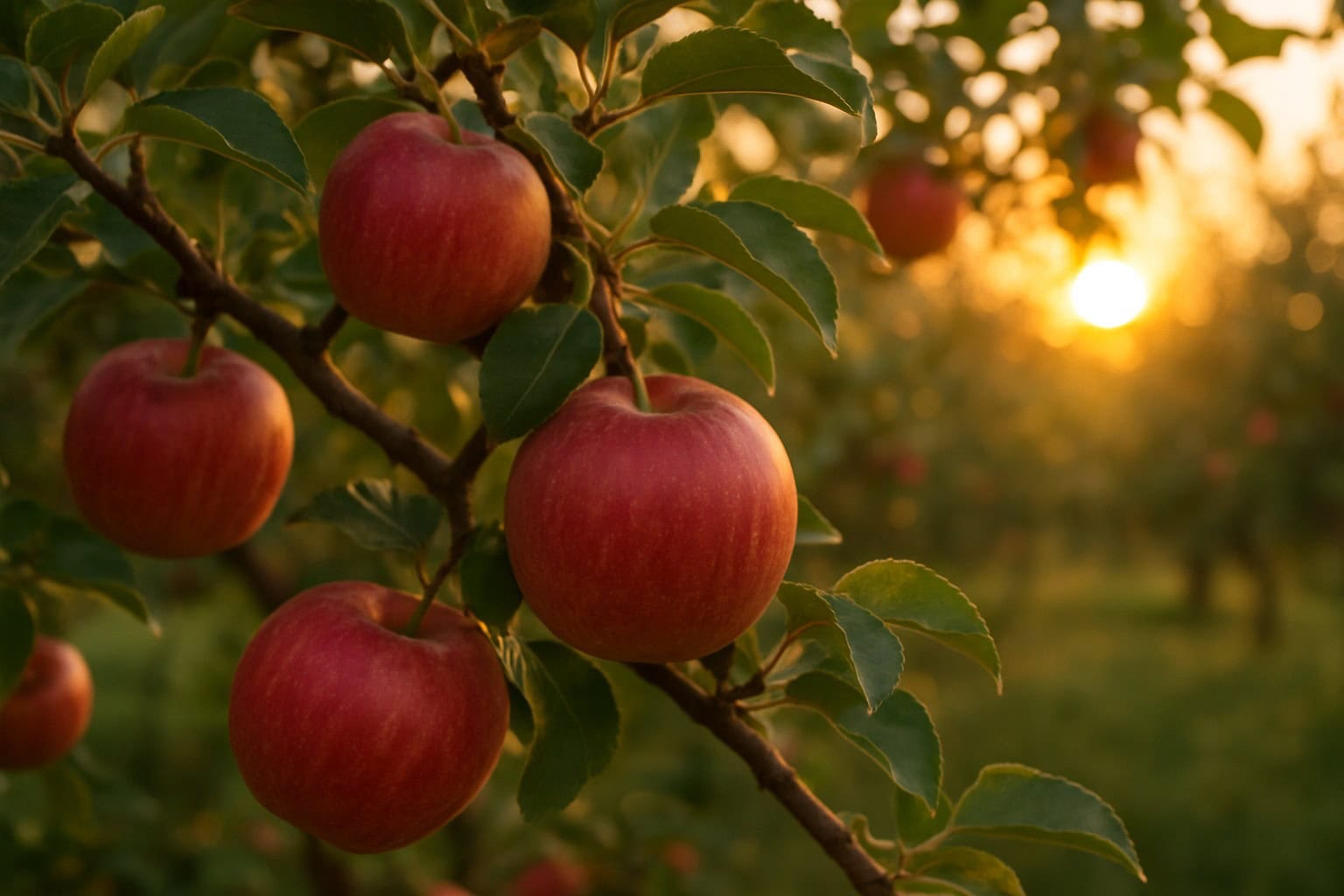 Close-up of ripe apples on a tree in Washington orchard.