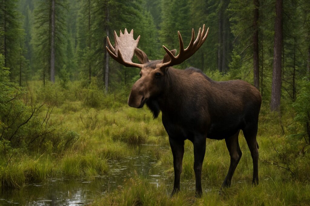 Moose in a forest and wetland habitat in Washington State.