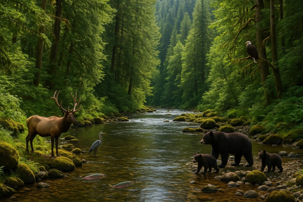 Washington State ecosystem with lush forests and a river full of wildlife.
