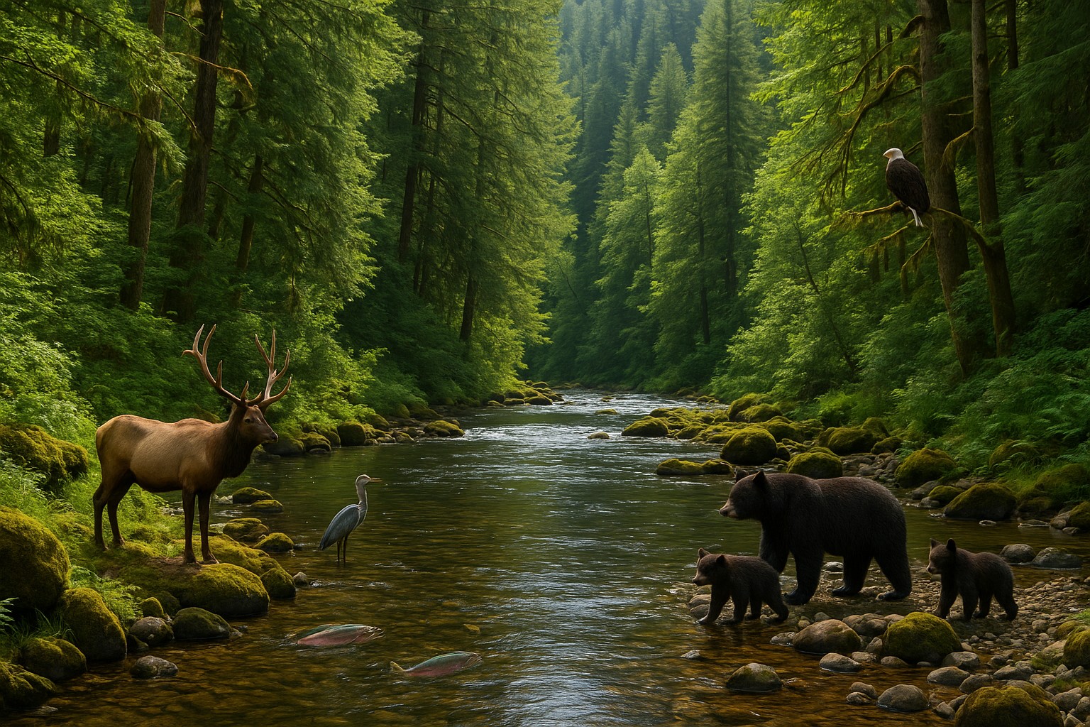Washington State ecosystem with lush forests and a river full of wildlife.