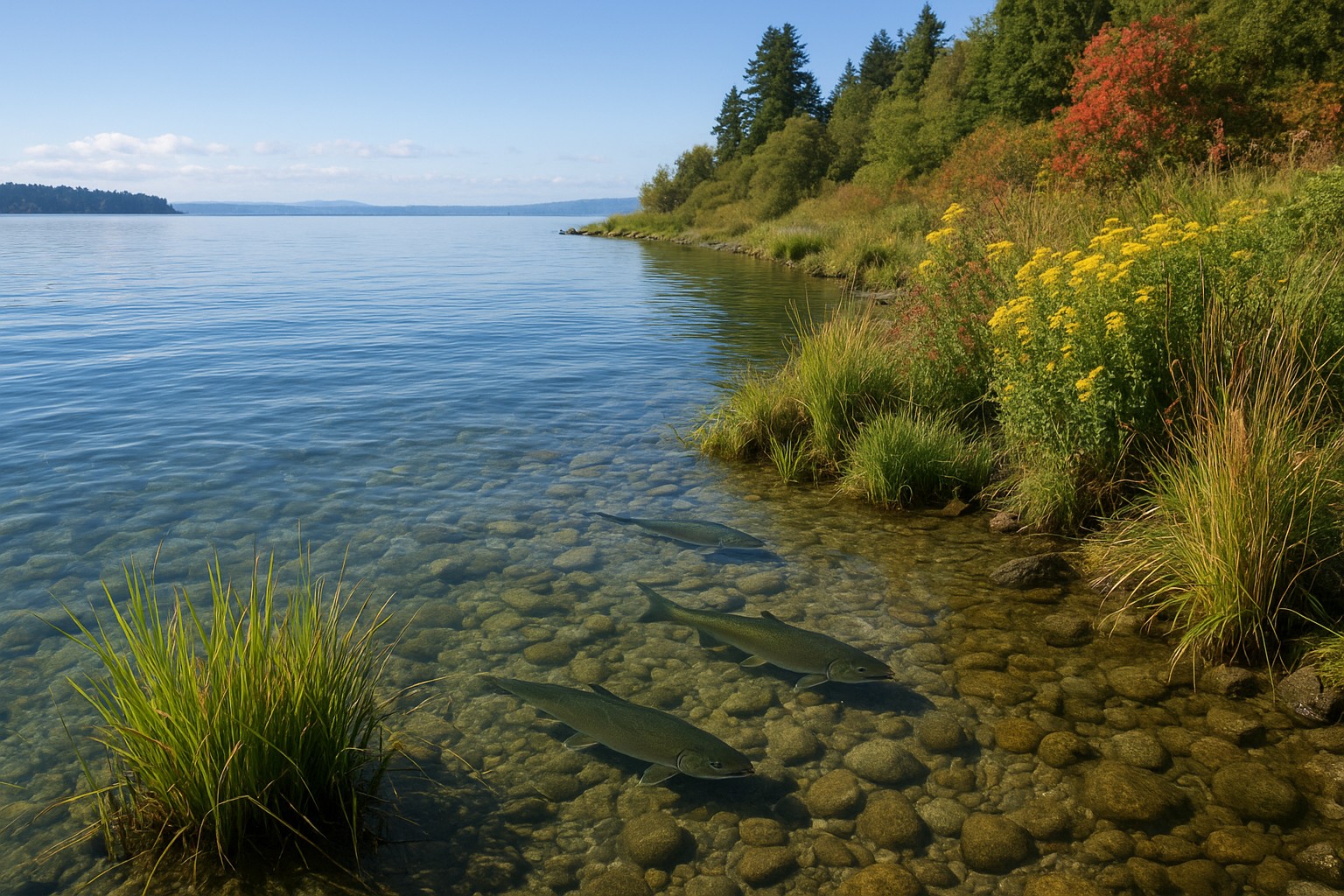 Healthy shoreline habitat in the Puget Sound with clear water and vibrant plant life.