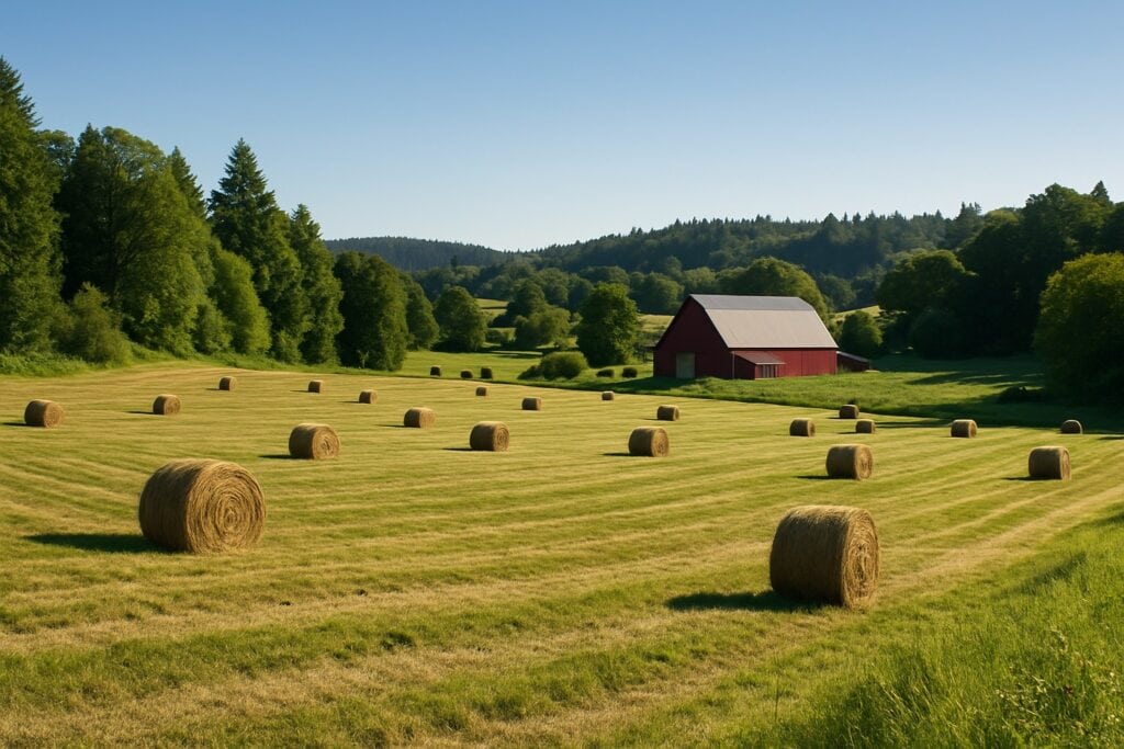 A scenic view of a Washington State farm with hay fields and a barn.