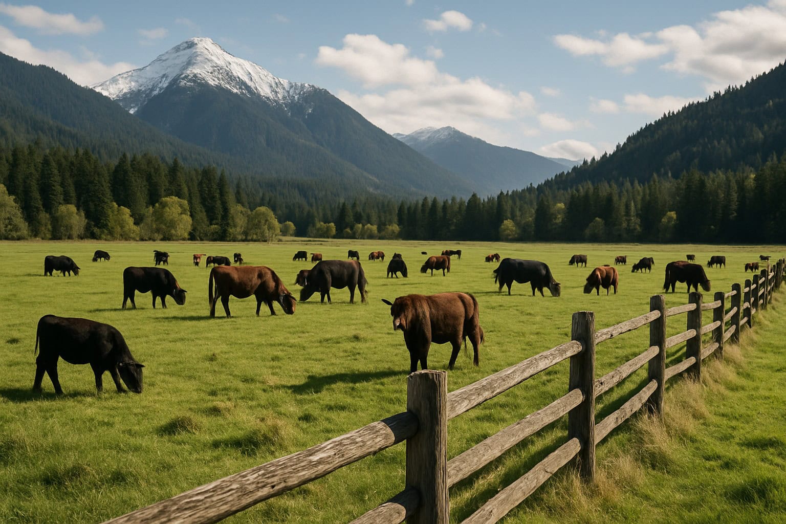 A Washington State ranch with cattle and a wooden fence.