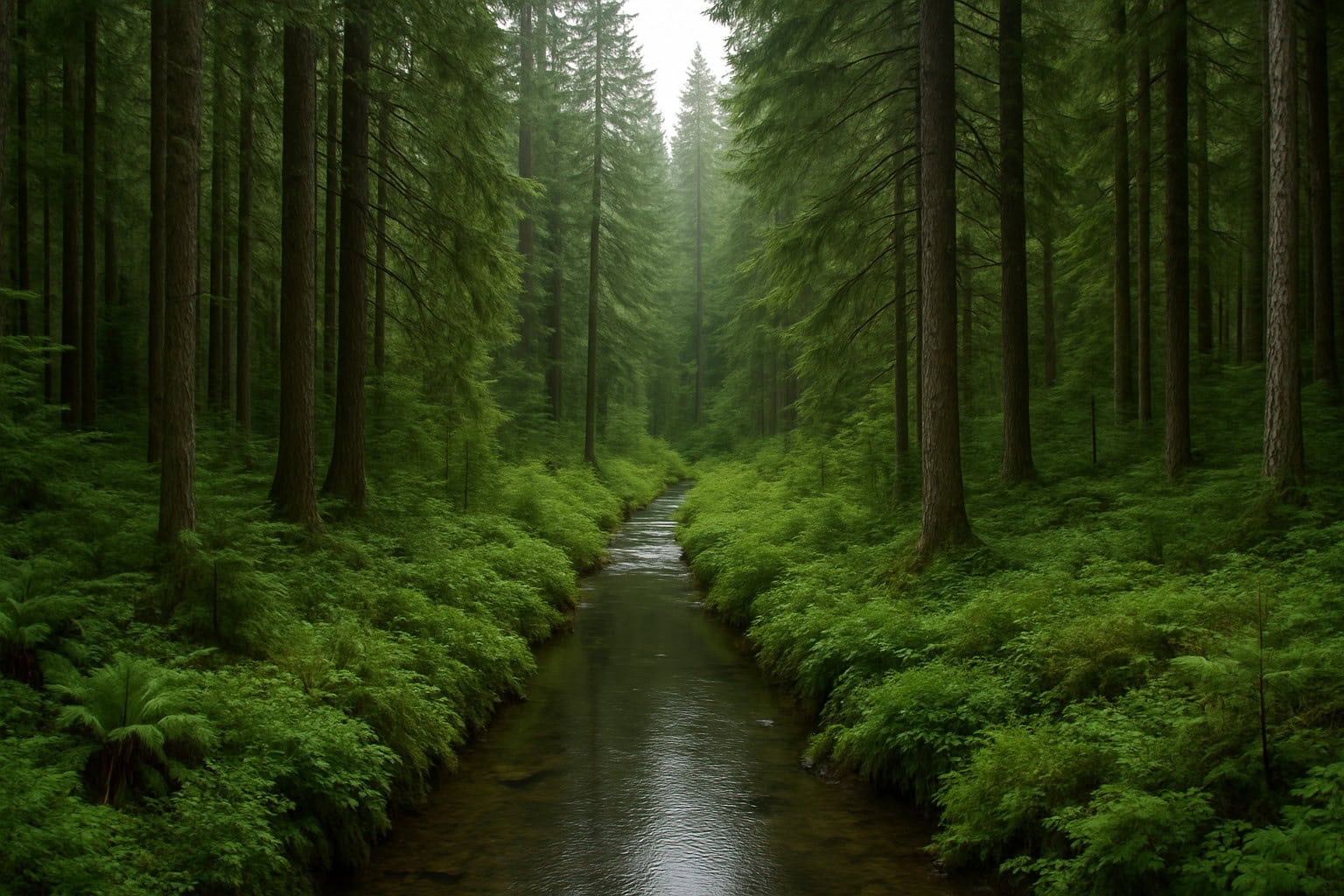 A dense Washington State timberland with a creek.