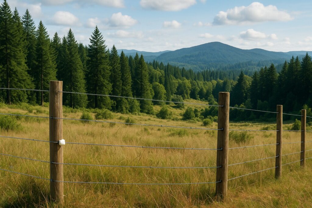 Wildlife-friendly fence in Washington State landscape with forests and hills.
