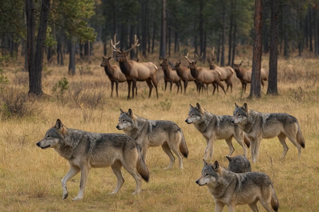 Wolves and elk in Colville National Forest, Washington.