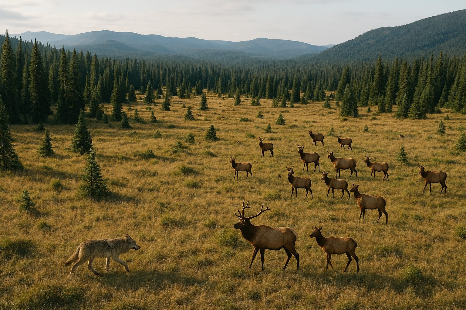 Blue Mountains habitat with wolves and elk in Washington.