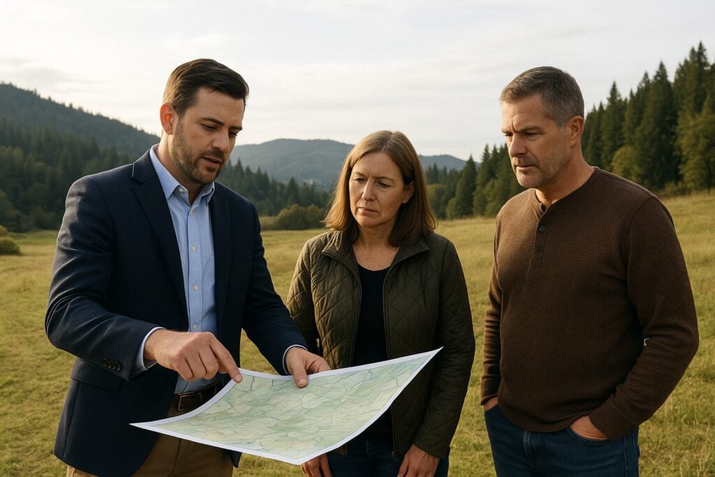 Land broker discussing maps with clients in rural Washington State.
