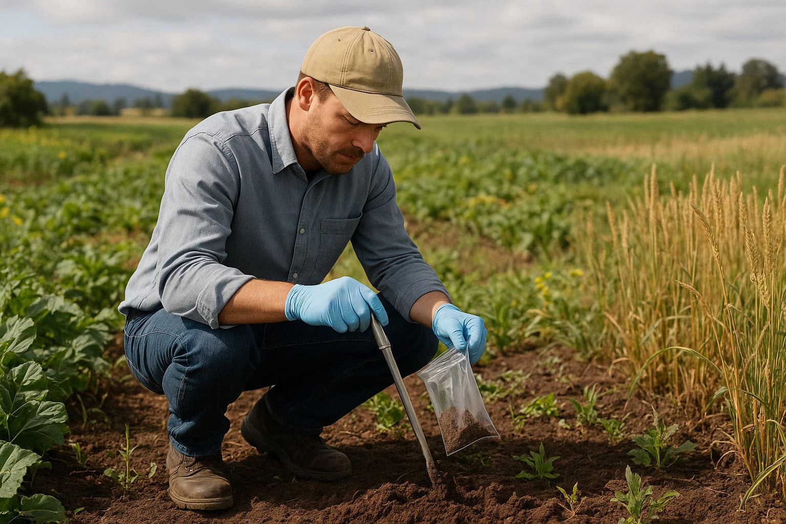 Person conducting soil sampling in a Washington State agricultural field.