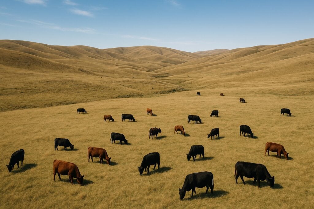 Aerial view of a cattle ranch in Eastern Washington with rolling hills and grazing cattle.