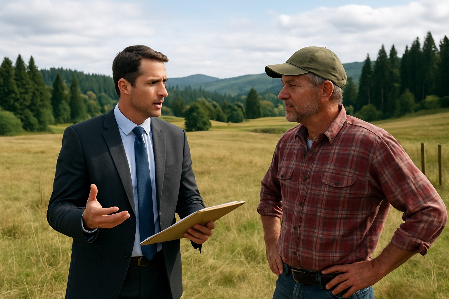 Land broker discussing land use with a farmer in Washington State.