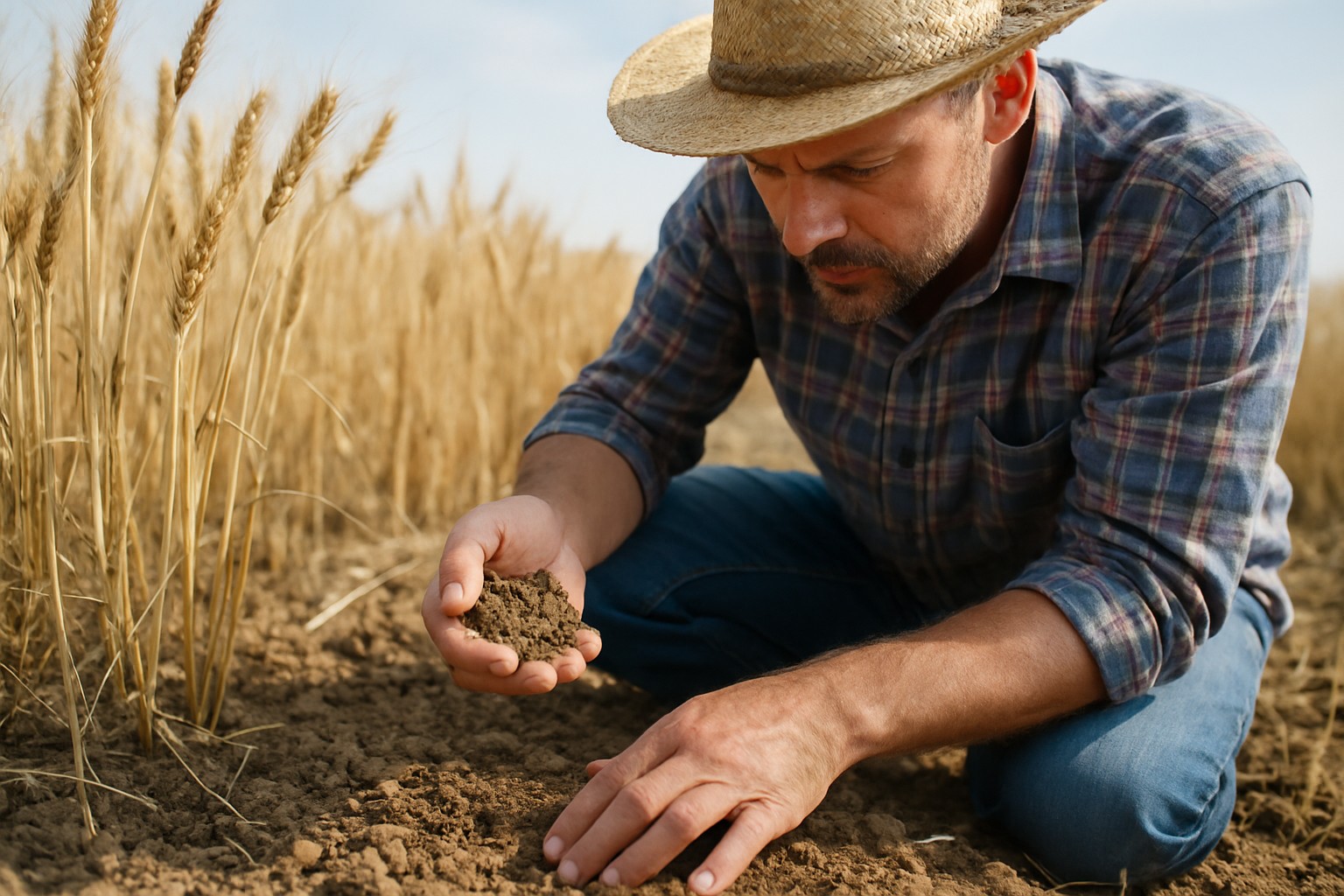 Farmer inspecting soil health in a dryland wheat field.