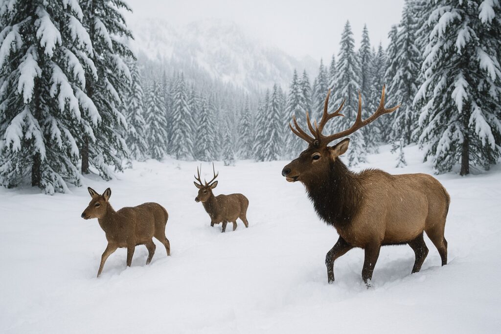 Deer and elk in deep snow in a Washington State forest.