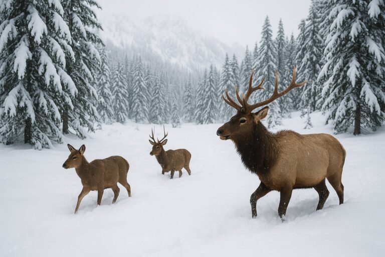 Deer and elk in deep snow in a Washington State forest.
