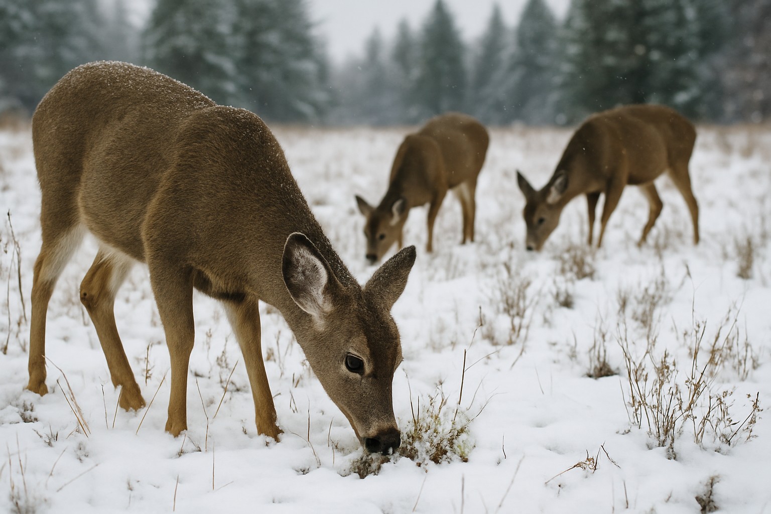 Deer foraging in a snow-covered meadow in Washington State.