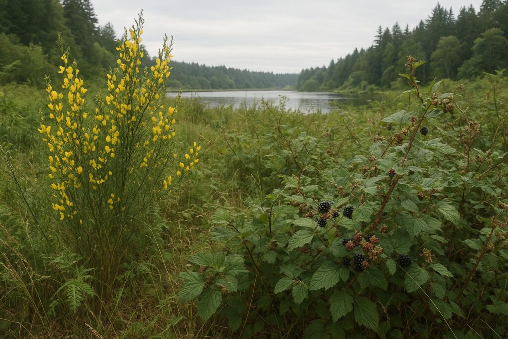 Invasive plants like Scotch broom and Himalayan blackberry in a Washington State landscape.