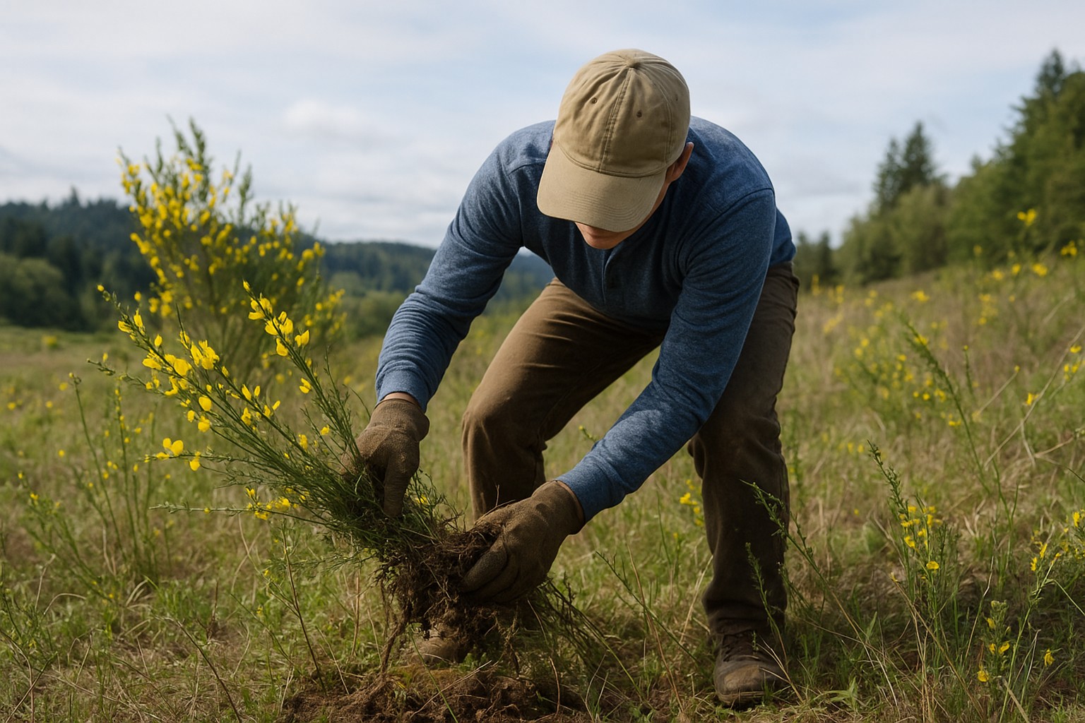 Person removing Scotch broom manually in Washington State.