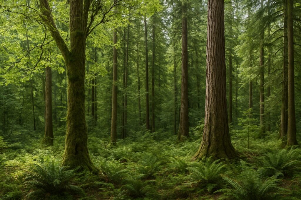 A diverse forest in Washington State with native trees providing wildlife habitat.