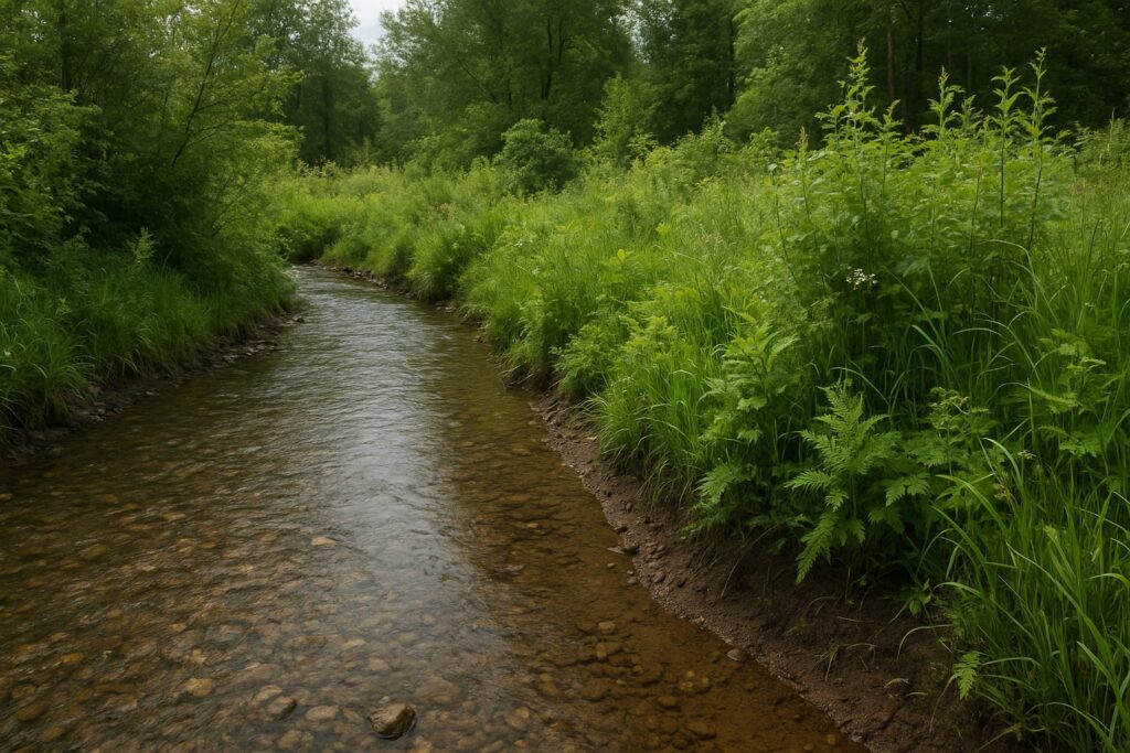 Riparian buffer with native plants stabilizing soil along a stream in Washington State.