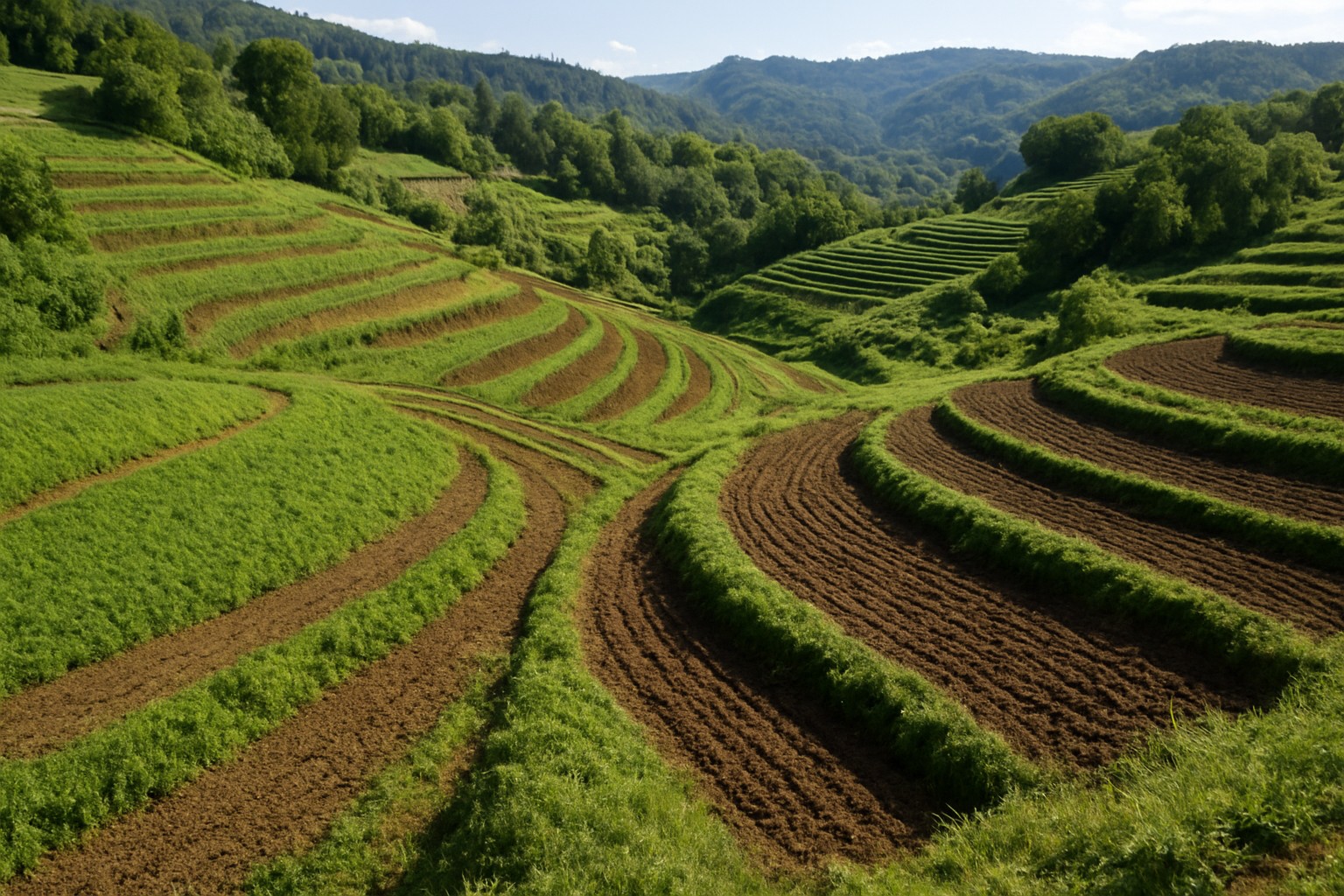 Terraced fields in Washington State demonstrating contour farming for erosion control.