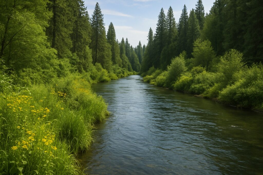 Pristine river with riparian buffers in Washington State.