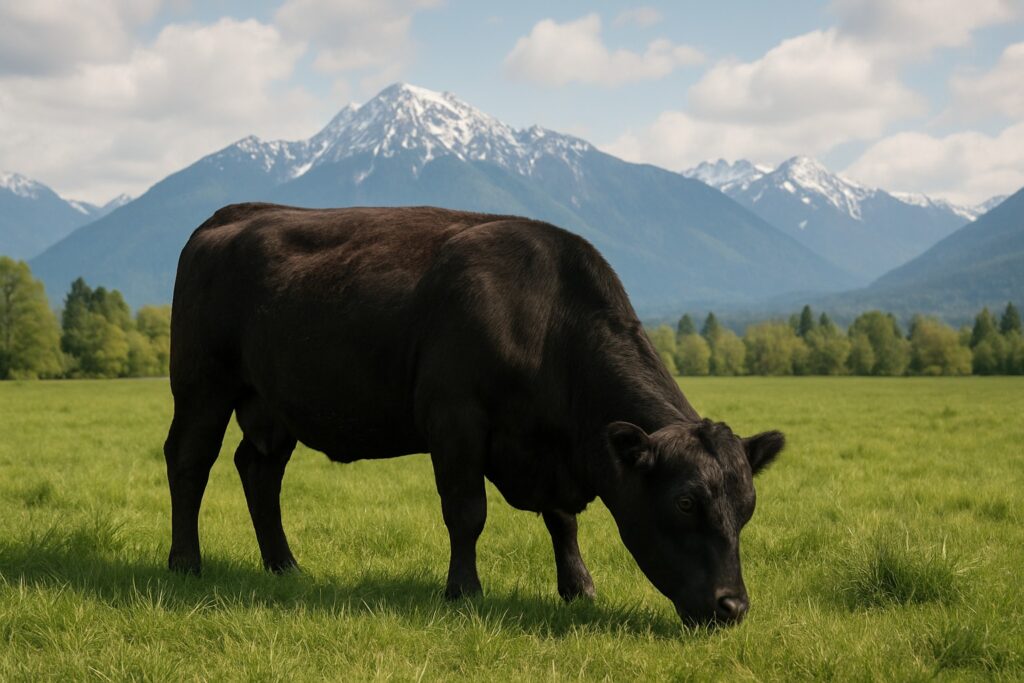 Angus steer grazing in a Washington State pasture with mountains in the background.