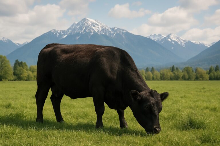 Angus steer grazing in a Washington State pasture with mountains in the background.