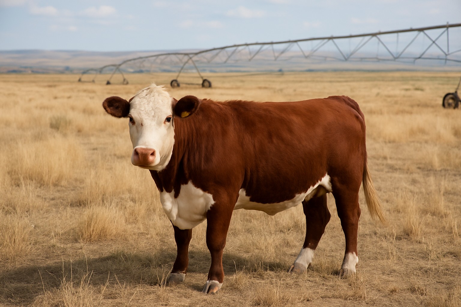 Hereford steer in Eastern Washington field with irrigation equipment.