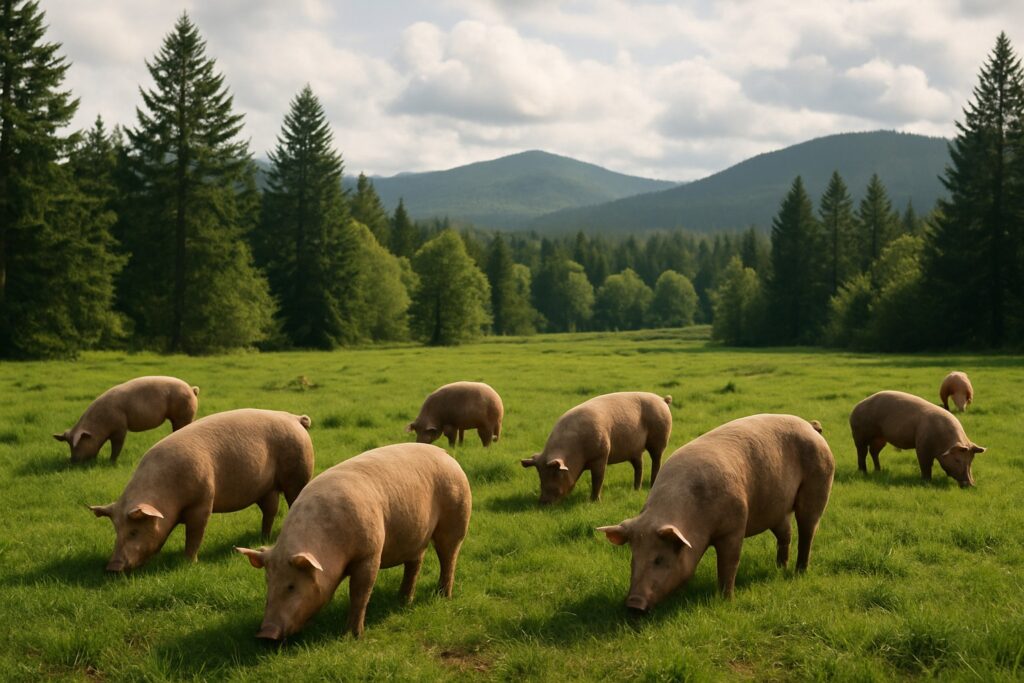 Pigs grazing in a lush pasture in Washington State with evergreen trees.