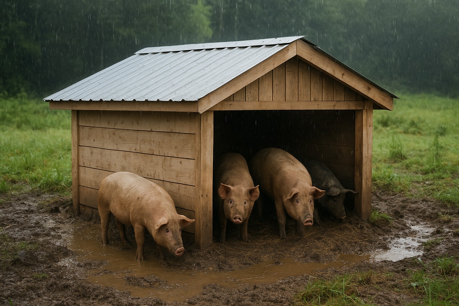 Pig shelter with proper drainage in the Olympic Peninsula.