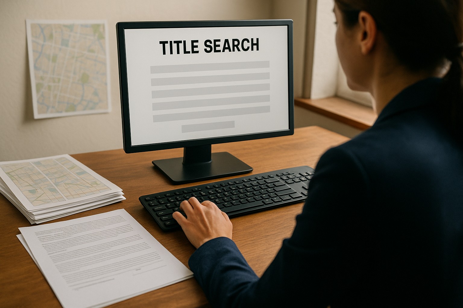 Title company employee performing a title search with documents and maps.