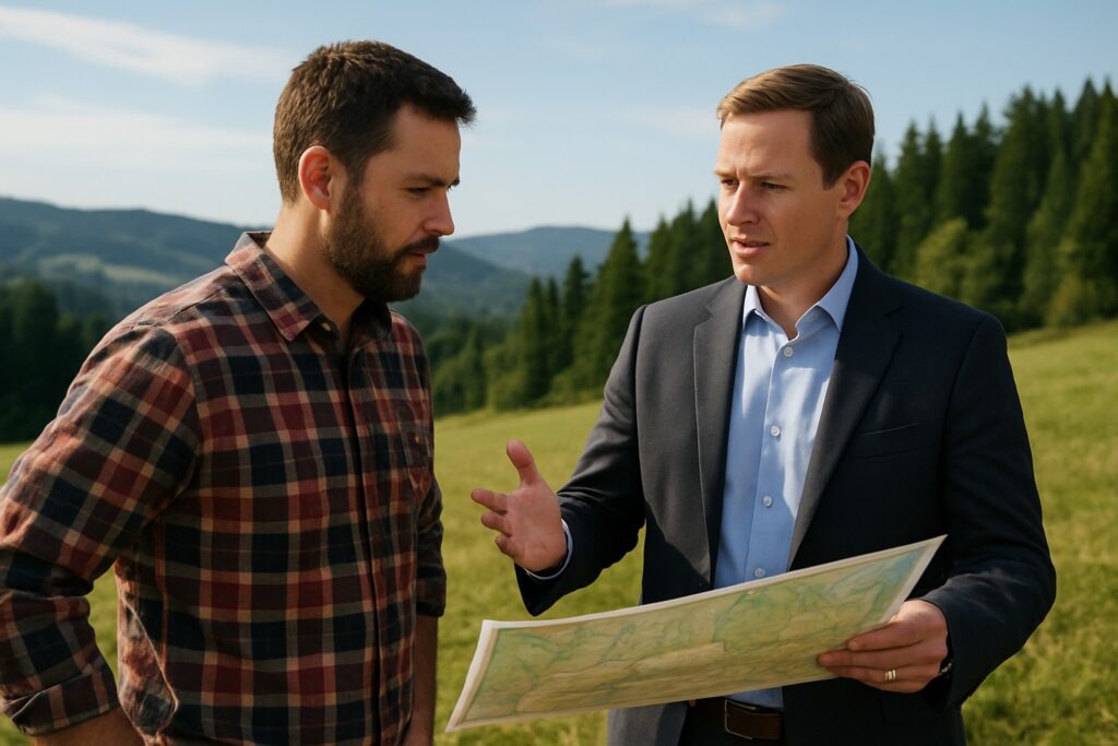Land broker and client reviewing a map in rural Washington.