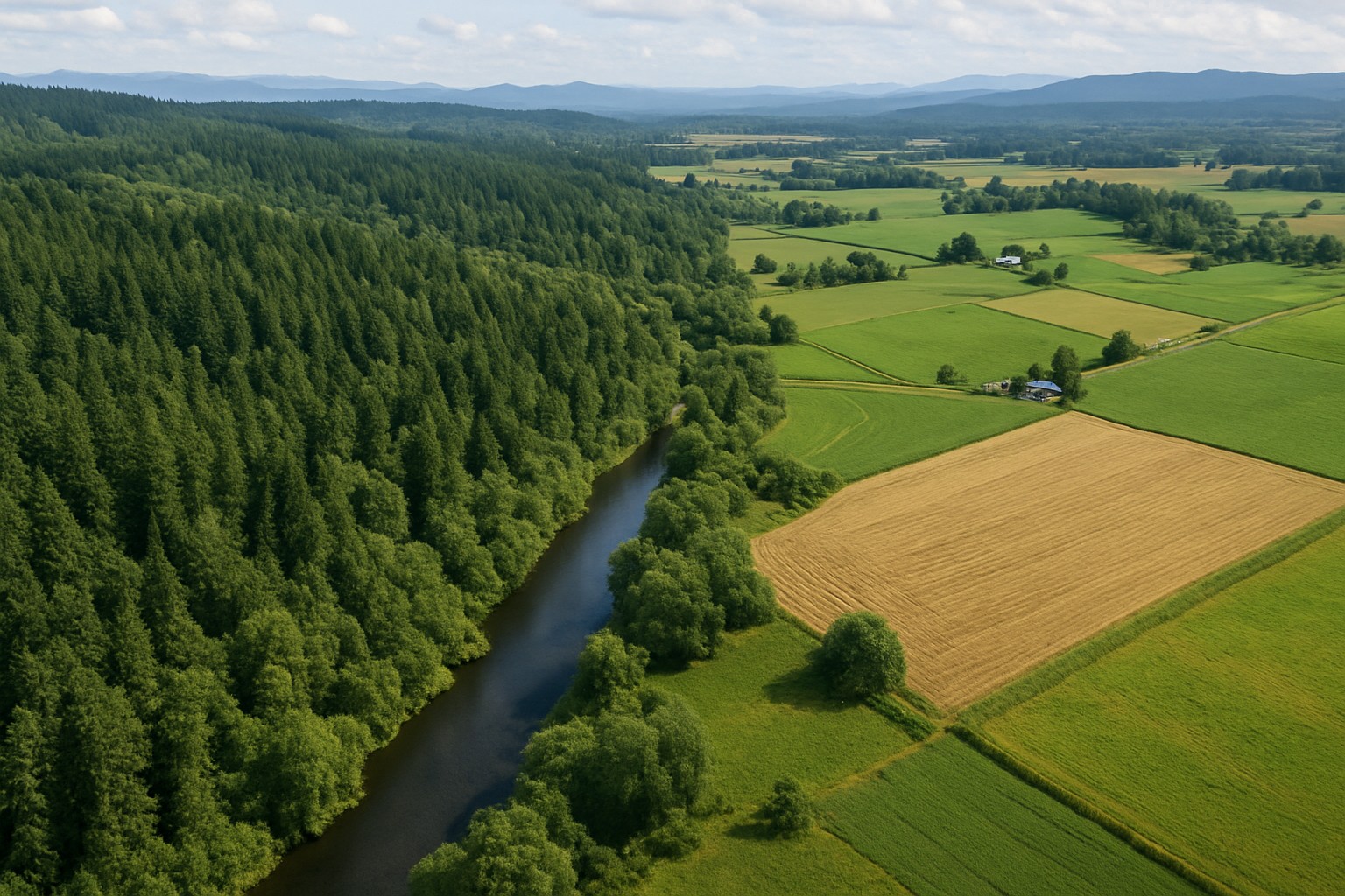 Aerial view of Washington State landscape with forests and farmland.