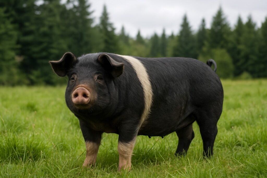 Berkshire pig in a Washington State pasture with evergreen trees.