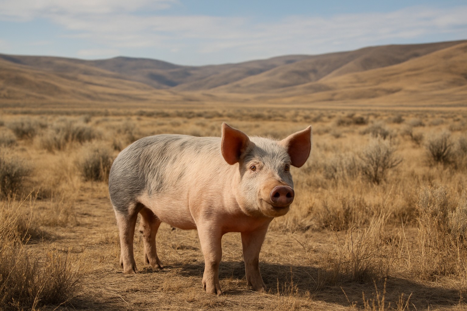 Yorkshire pig in eastern Washington's arid landscape.